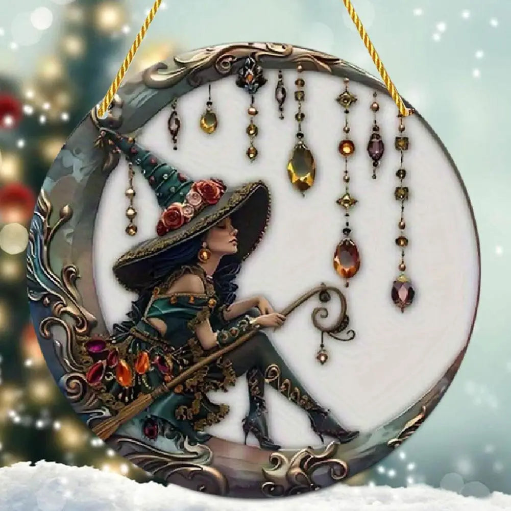 8x8 Inch Charming Moonlight Witch Sun Catcher, Stained Glass Style Acrylic Hanging Ornament for Windows, Doors & Cars