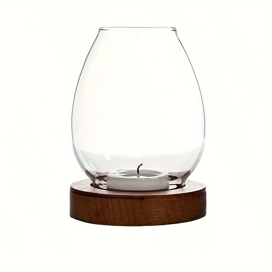 European Style Clear Glass Candle Holder (Wooden Base) Warm Ambient Lighting - Your Ritual Hub 