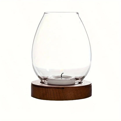 European Style Clear Glass Candle Holder (Wooden Base) Warm Ambient Lighting