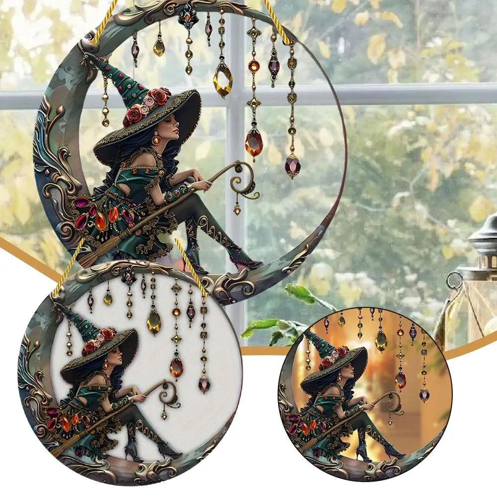 8x8 Inch Charming Moonlight Witch Sun Catcher, Stained Glass Style Acrylic Hanging Ornament for Windows, Doors & Cars