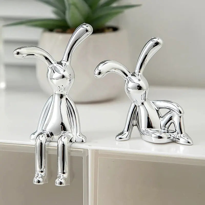 Silver Chrome Rabbit Duo Figurines – Set of 2 Sculptural Decor Statues