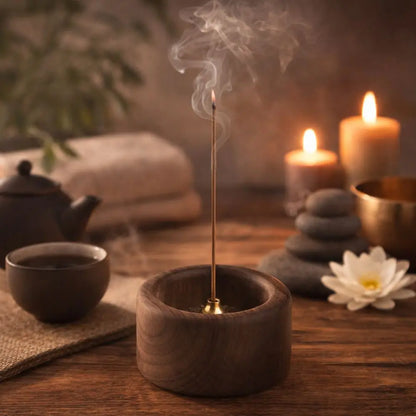 Creative Retro Wooden Incense Holder Round Sturdy Incense Stick Burner Handmade Incense Base Meditation