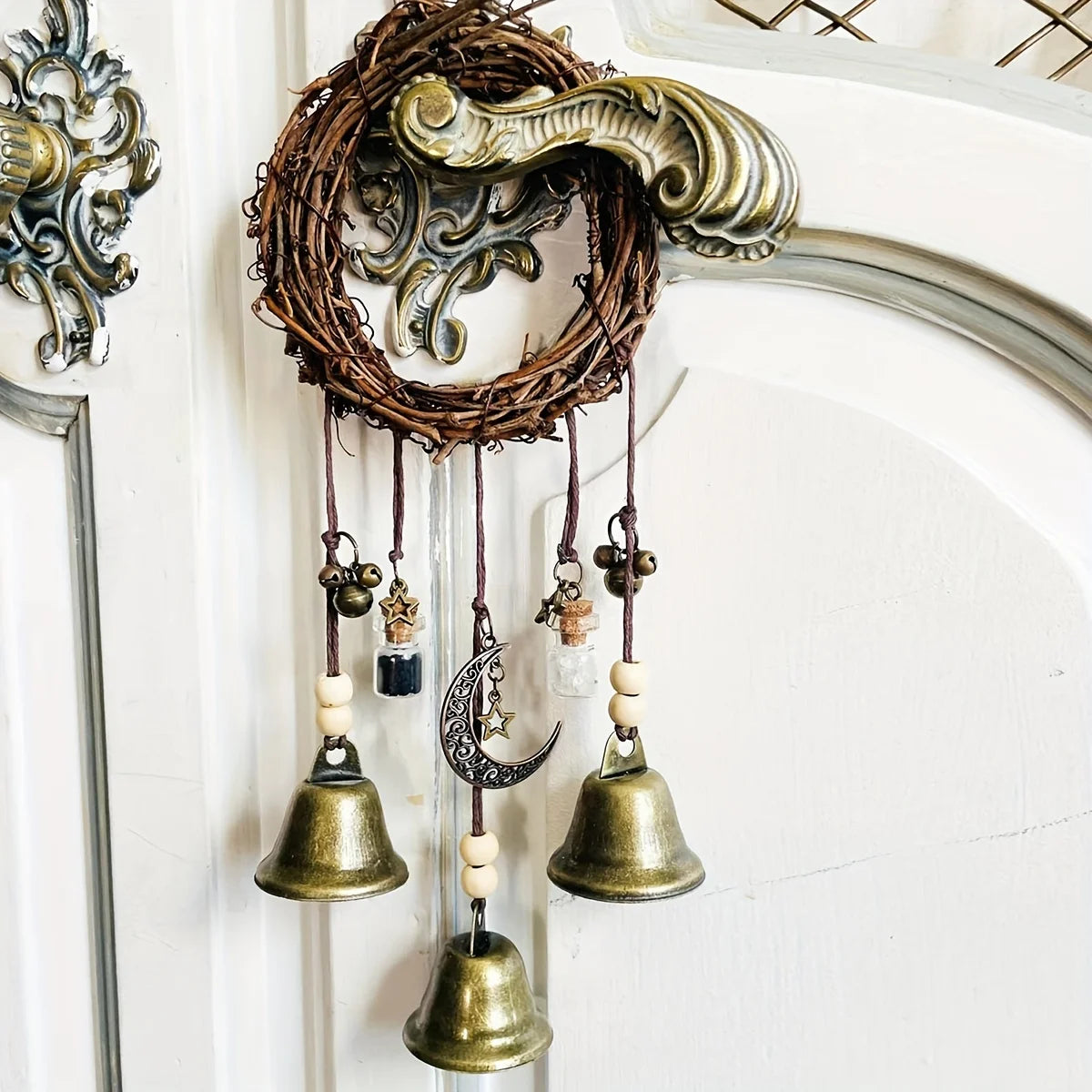 Witch Bell Wreath – Rustic Vine & Brass Bell Door Hanger for Ritual & Witchy Decor