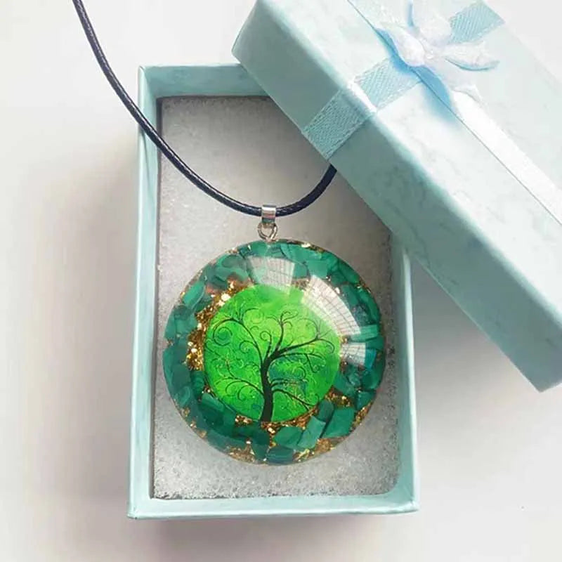 Orgonite Chakra Pendant Necklace – Green Malachite Tree of Life | Energy Healing