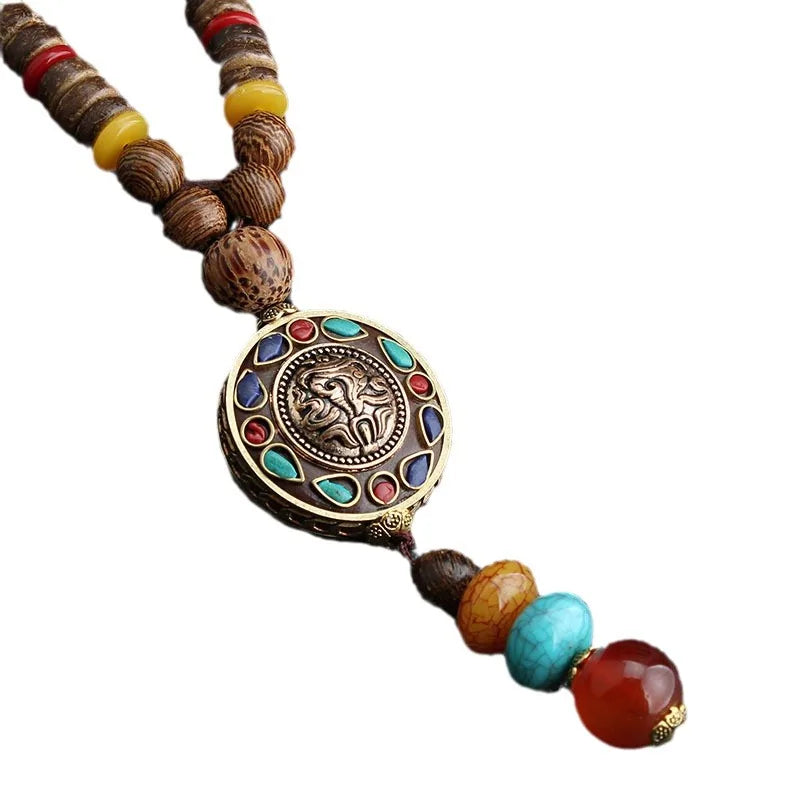 Ethnic Spiritual Long Necklace – Wooden Bead Sweater Chain with Sacred Pendant