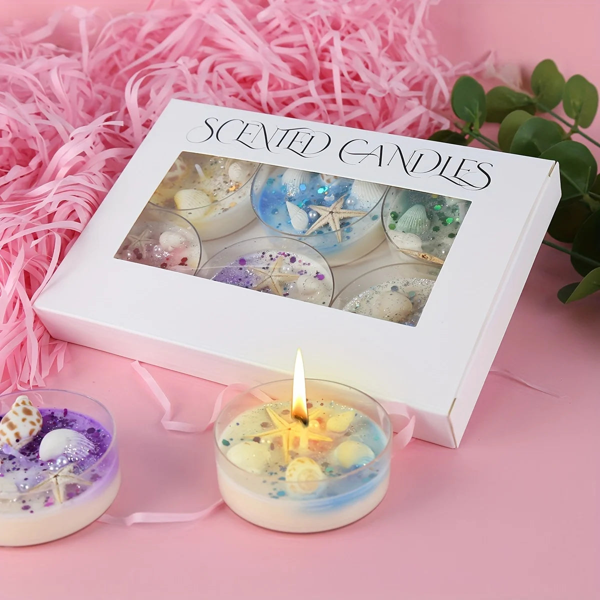 6 Piece Seashell Themed Scented Candle Gift Set with Pearl and Glitter Accents