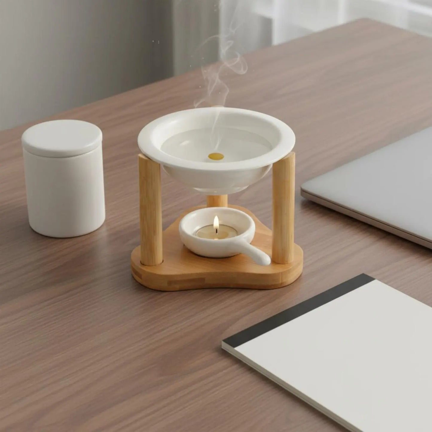 Ceramic Oil Warmer Bamboo Frame Wooden Aroma Lamp