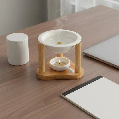 Ceramic Oil Warmer Bamboo Frame Wooden Aroma Lamp