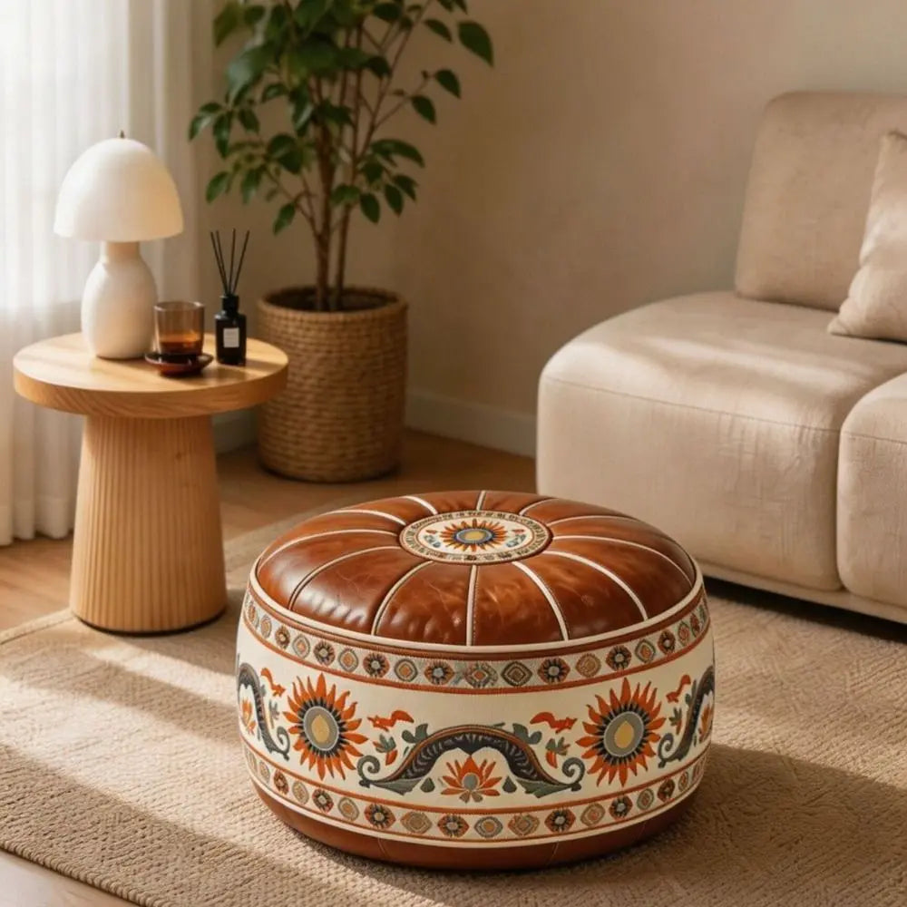 Round Pouf Cover – Vintage Geometric Bird Pattern | PU Leather | Fill Yourself