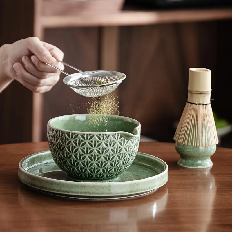 Japanese Matcha Set 2/5/6 Pieces - Green Pattern Tea Bowl, Bamboo Stirrer, Spoon & Filter - Traditional Japanese Tea Ceremony