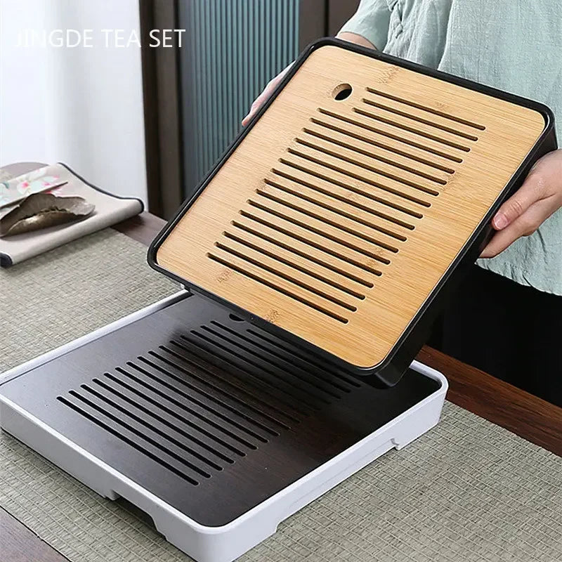 Bamboo Tea Tray with Water Storage & Drainage