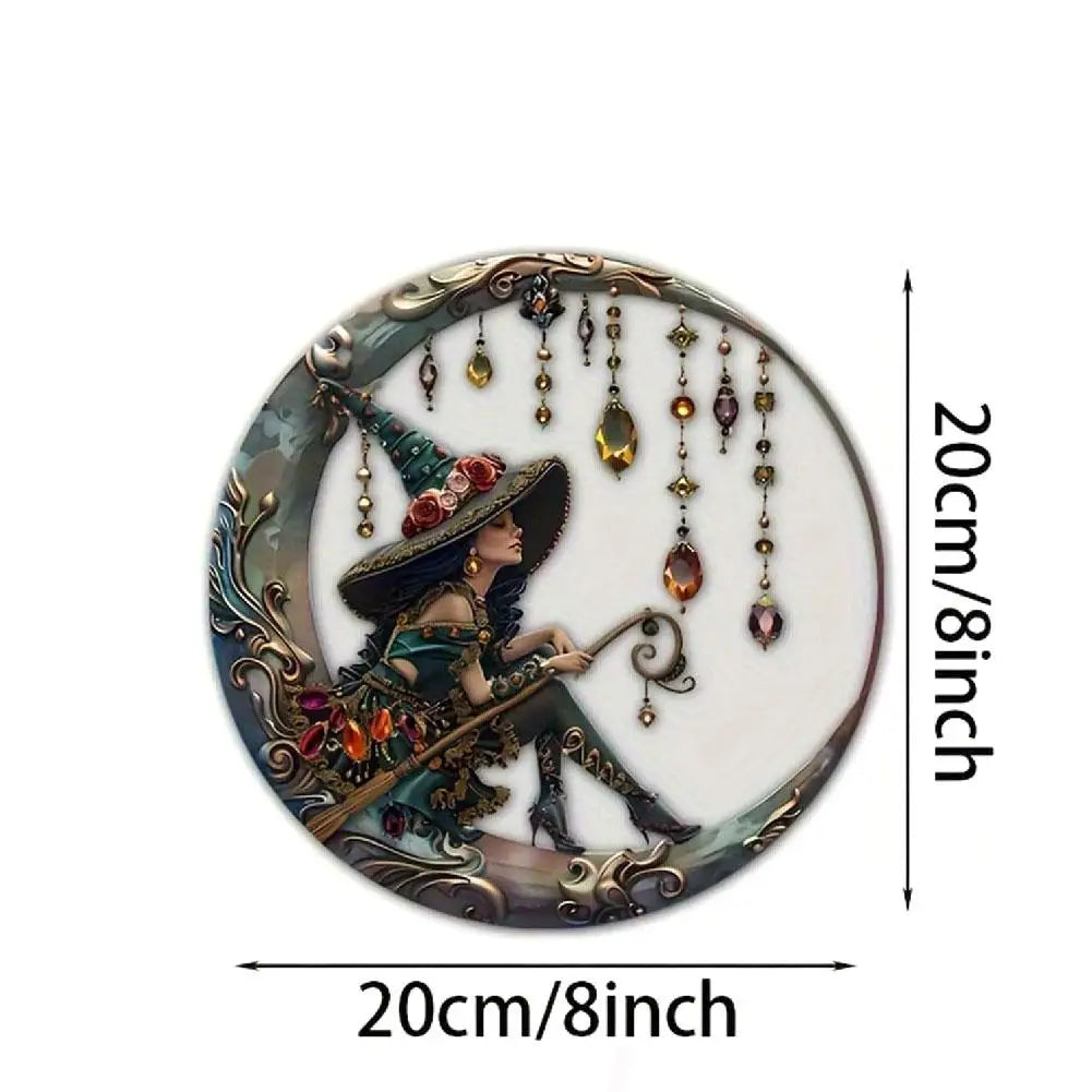 8x8 Inch Charming Moonlight Witch Sun Catcher, Stained Glass Style Acrylic Hanging Ornament for Windows, Doors & Cars