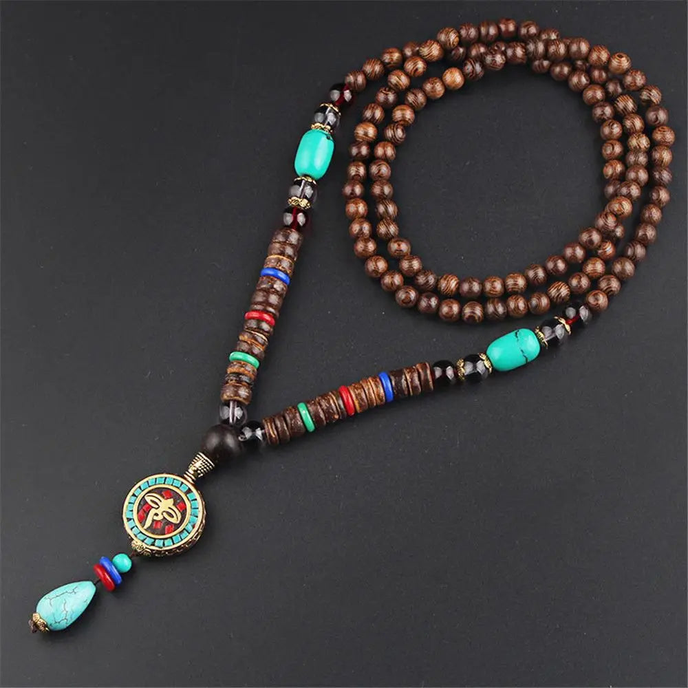 Boho Wooden Beaded Long Necklace – Handmade Nepal Style Pendant Chain
