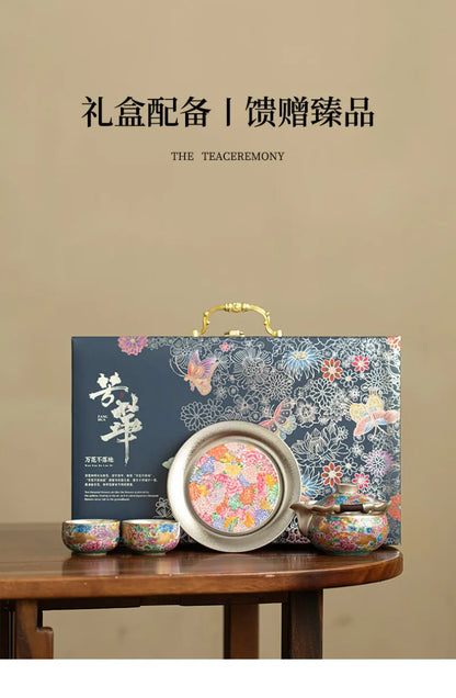 Royal Silver-Plated Enameled Ceramic Tea Set — Gift Box