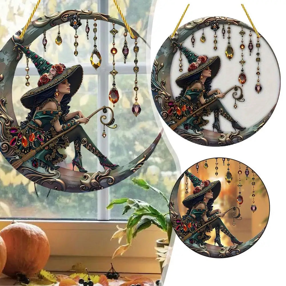 8x8 Inch Charming Moonlight Witch Sun Catcher, Stained Glass Style Acrylic Hanging Ornament for Windows, Doors & Cars