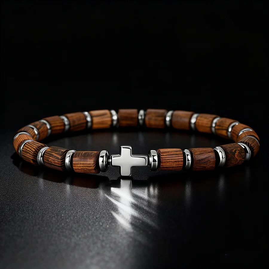 Noter Natürliches Holzarmband für Herren A Grade Hämatit Stein Handgefertigt Meditation Spirituelle Heilung Armband Kreuz Strang Armband