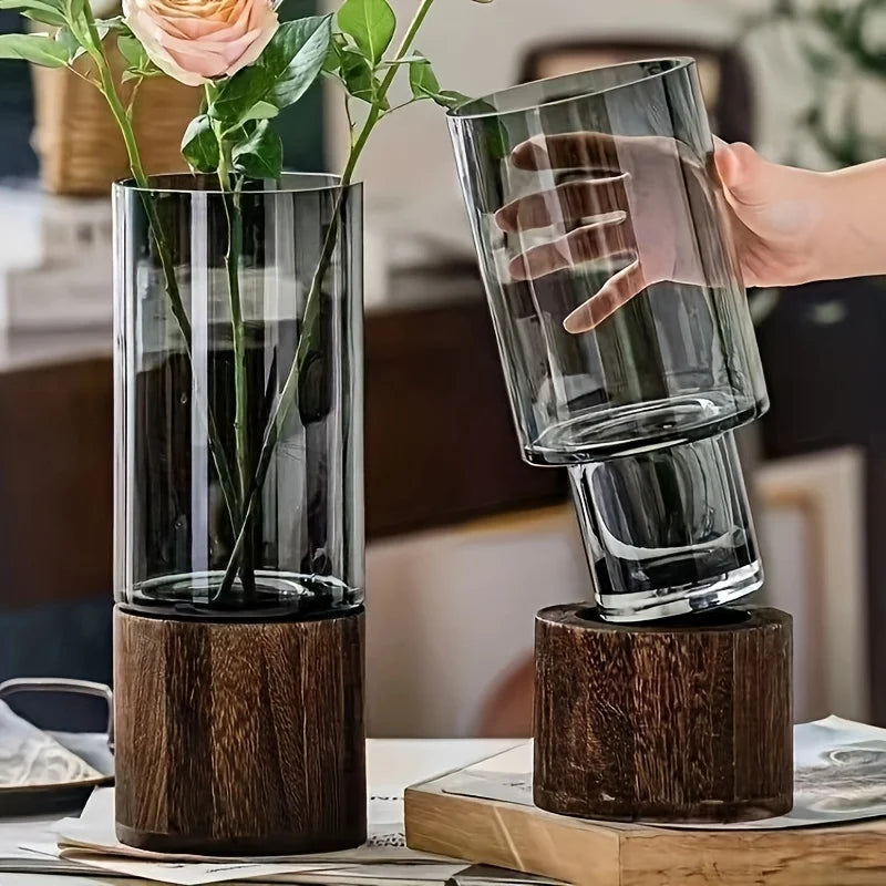 Elegant Glass Vase with Wooden Base for Hydroponic Plants & Decor