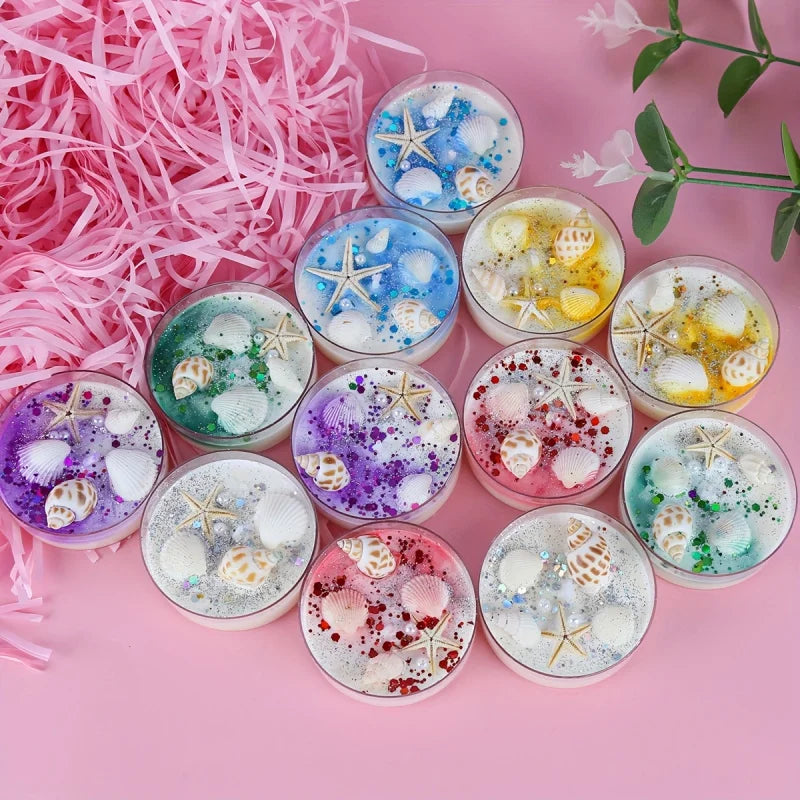 6 Piece Seashell Themed Scented Candle Gift Set with Pearl and Glitter Accents