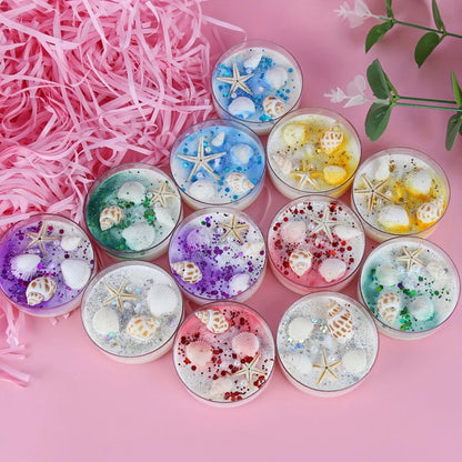6 Piece Seashell Themed Scented Candle Gift Set with Pearl and Glitter Accents