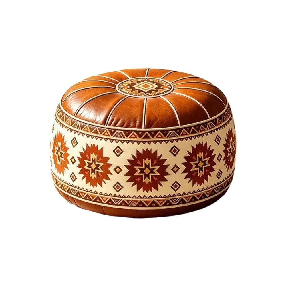 Boho Round Footstool Cover – Waterproof PU Leather Pouf Cover with Geometric Pattern (9 Styles)
