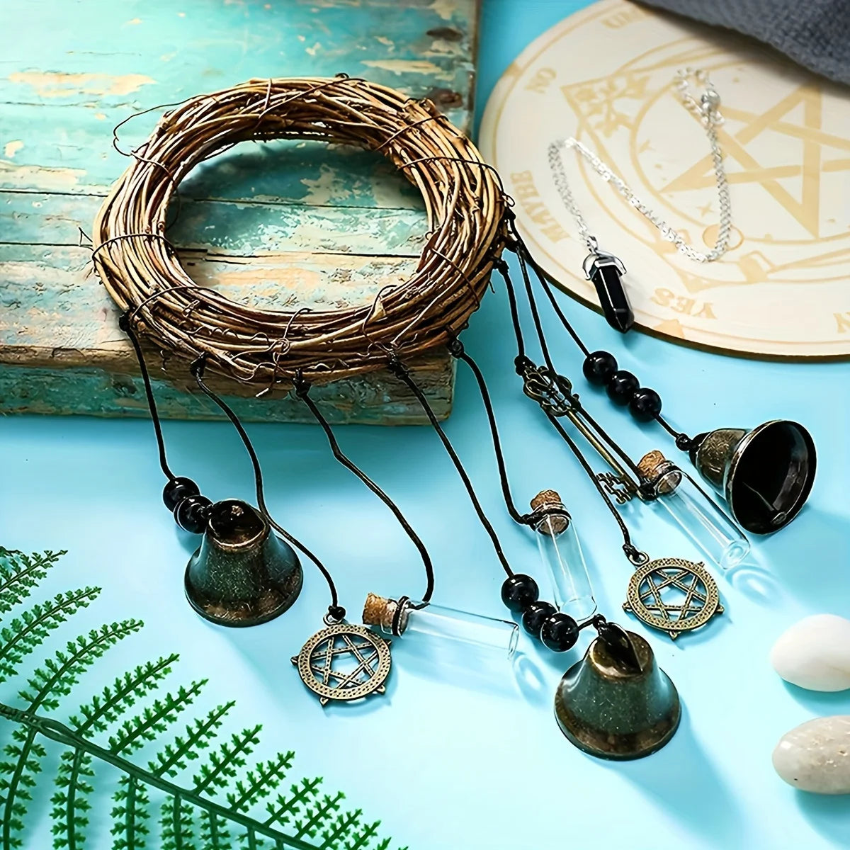 Witch Bell Wreath – Rustic Vine & Brass Bell Door Hanger for Ritual & Witchy Decor