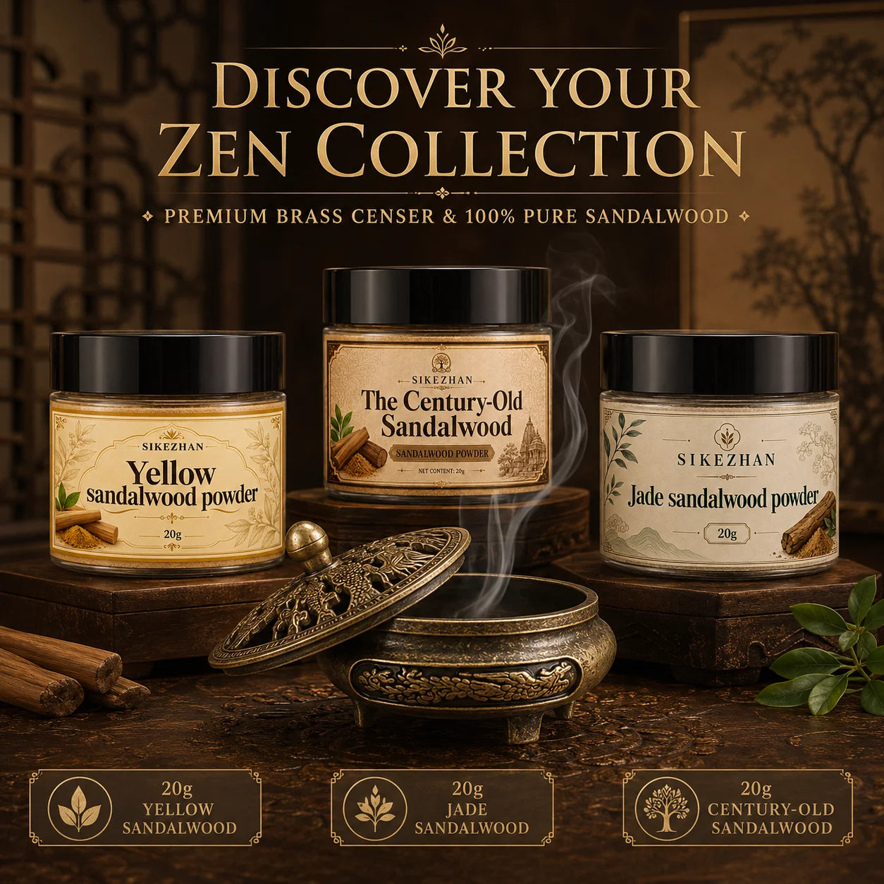 Pure Sandalwood Incense Powder Kit – with Vintage Brass Dragon Censer
