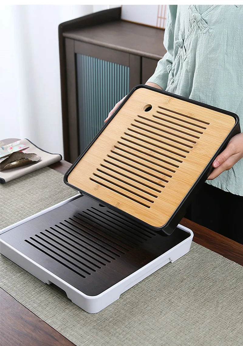 Bamboo Tea Tray with Water Storage & Drainage