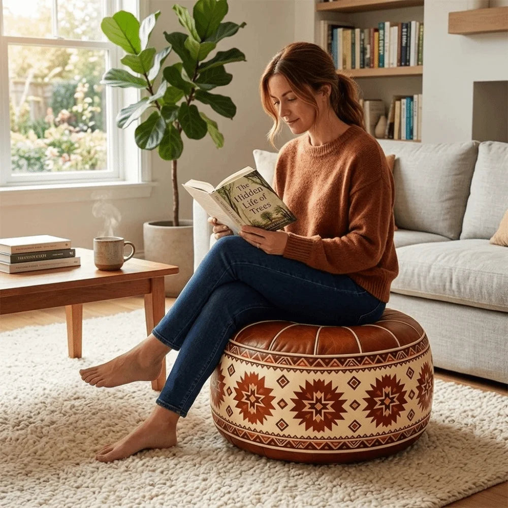 Boho Round Footstool Cover – Waterproof PU Leather Pouf Cover with Geometric Pattern (9 Styles)