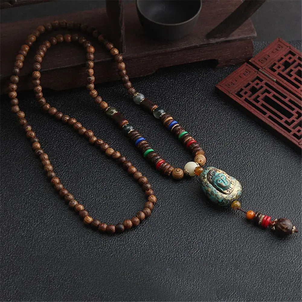 Boho Wooden Beaded Long Necklace – Handmade Nepal Style Pendant Chain