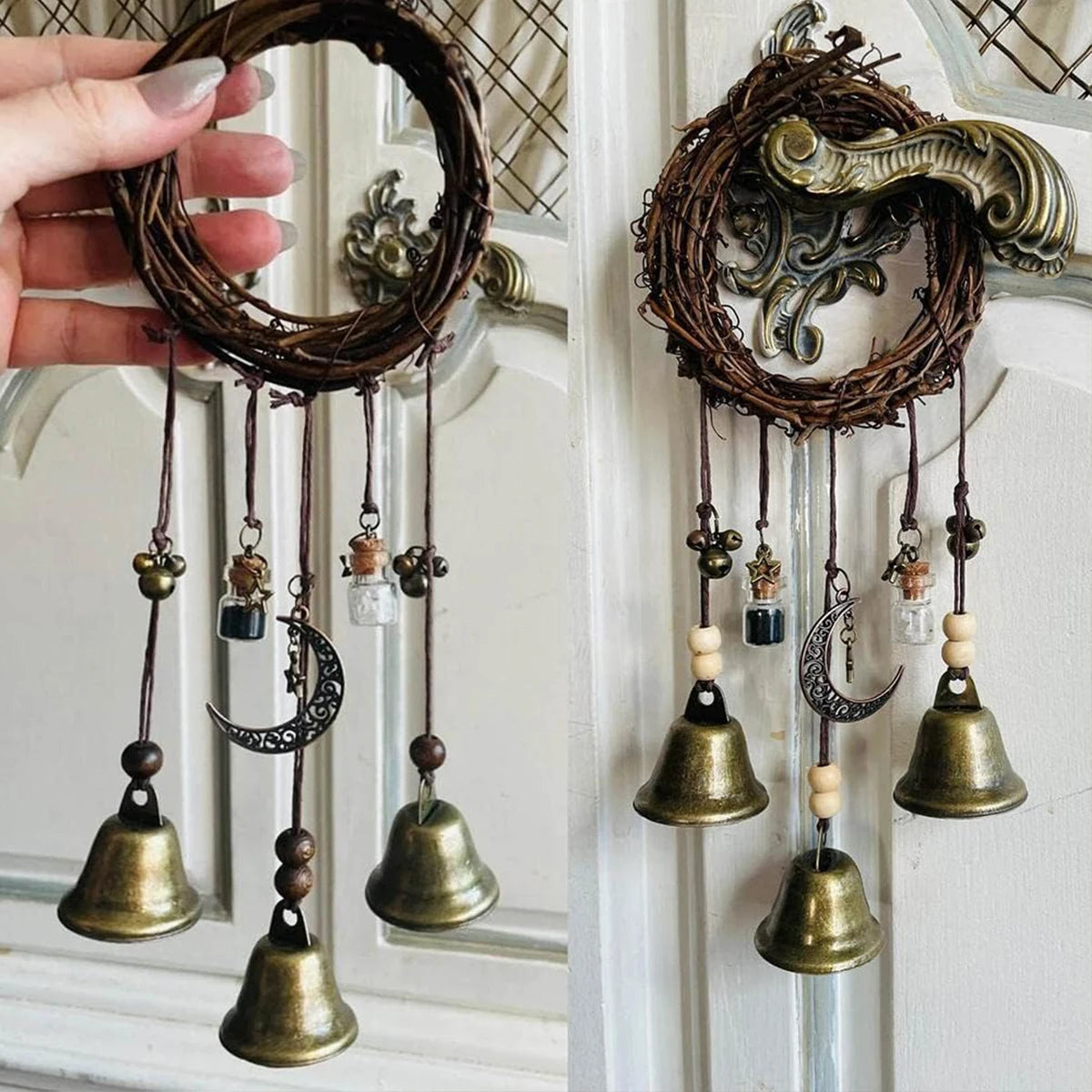 Witch Bell Wreath – Rustic Vine & Brass Bell Door Hanger for Ritual & Witchy Decor
