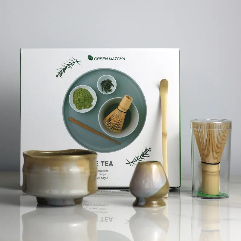 2025 Vintage Matcha Set 4pcs Ceramic Spout Bowl Whisk Bamboo Chasen - Your Ritual Hub 