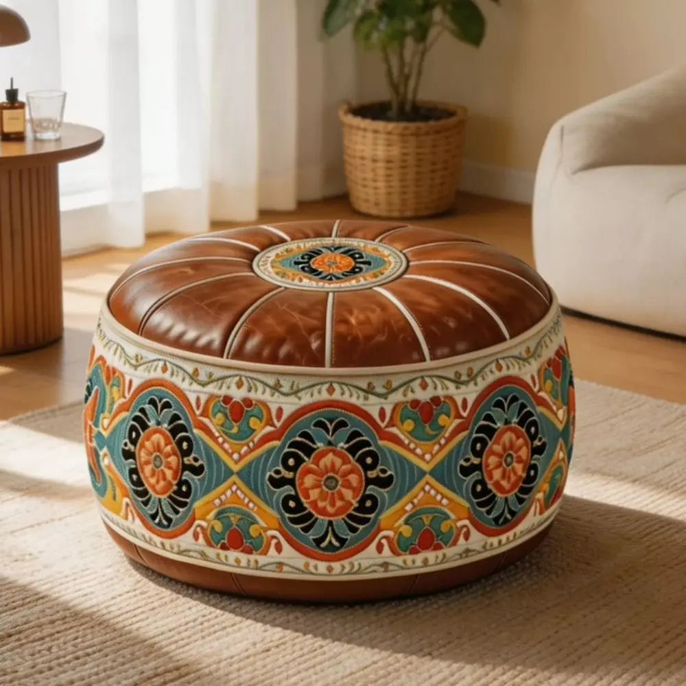 Round Pouf Cover – Vintage Geometric Bird Pattern | PU Leather | Fill Yourself