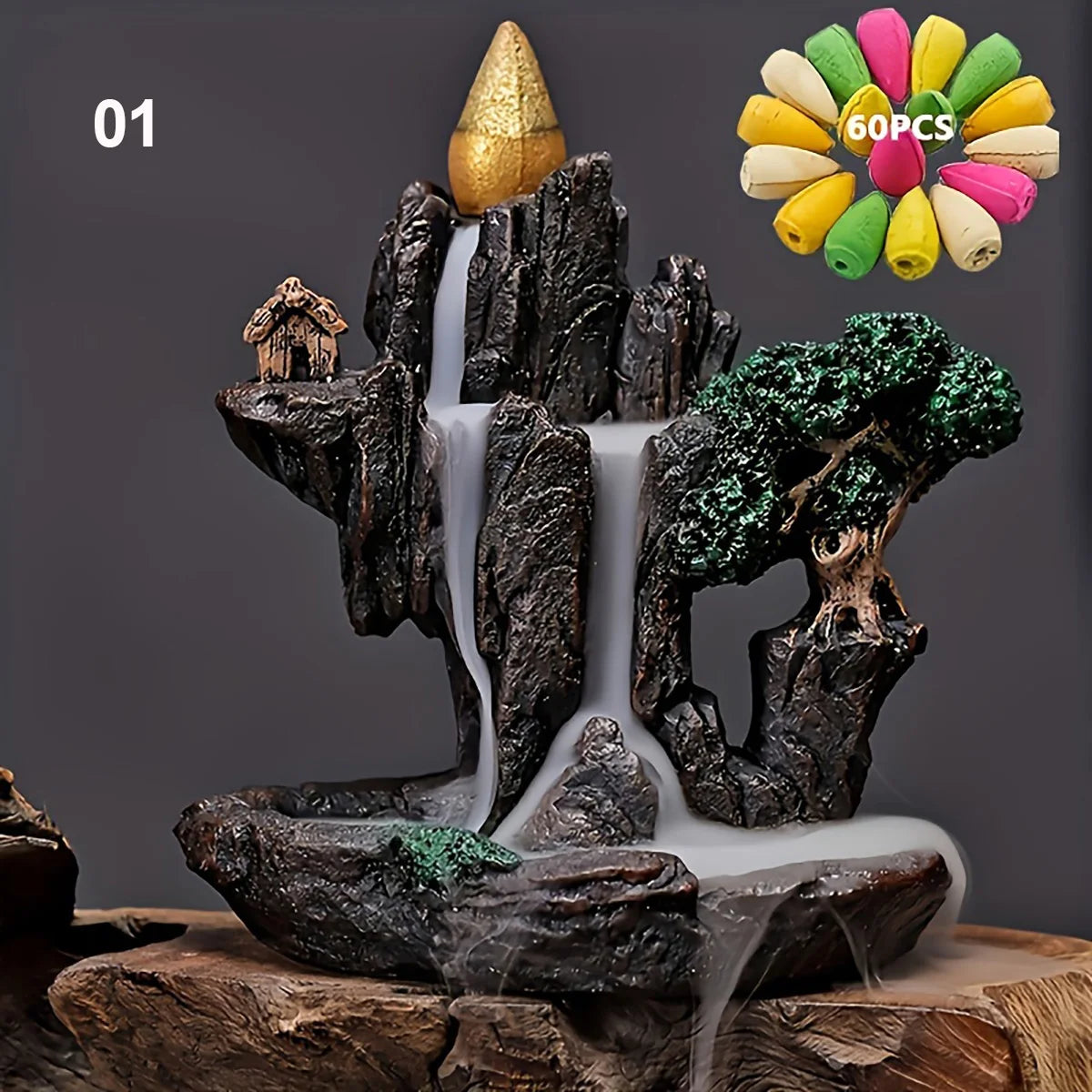 1pc Mountains River Waterfall Reflux Incense Burner Fountain +60 Incense Cones - Your Ritual Hub 