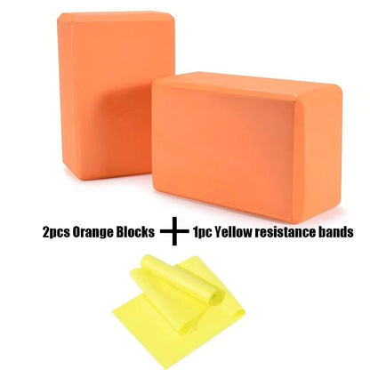 3PCS includes 2 yoga Blocks 1 resistance bands. High-density EVA mats, TPE stretch bands. for beginner yoga, stretching exercise