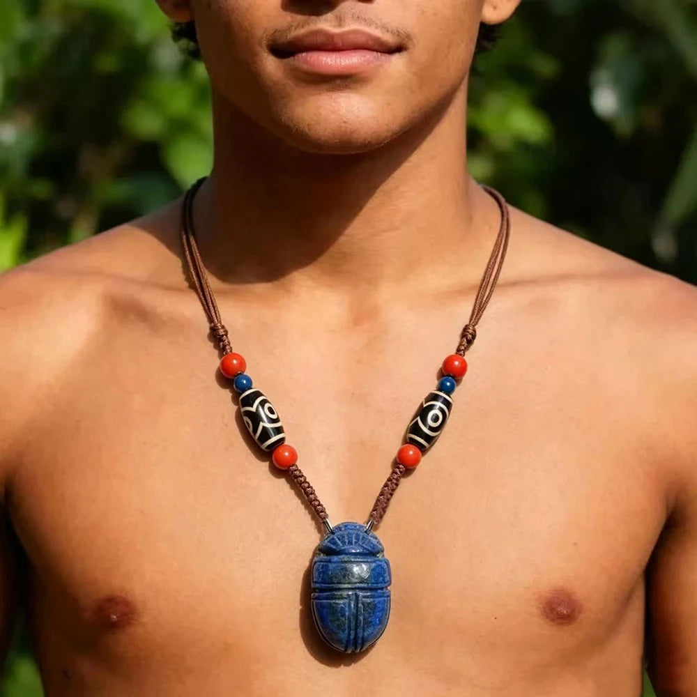 Lapis Lazuli Scarab Pendant Necklace with Hamsa Chain