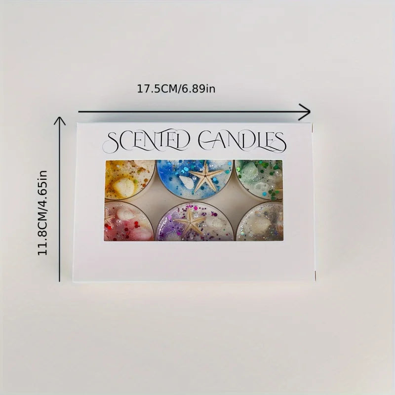 6 Piece Seashell Themed Scented Candle Gift Set with Pearl and Glitter Accents