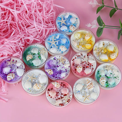 6 Piece Seashell Themed Scented Candle Gift Set with Pearl and Glitter Accents