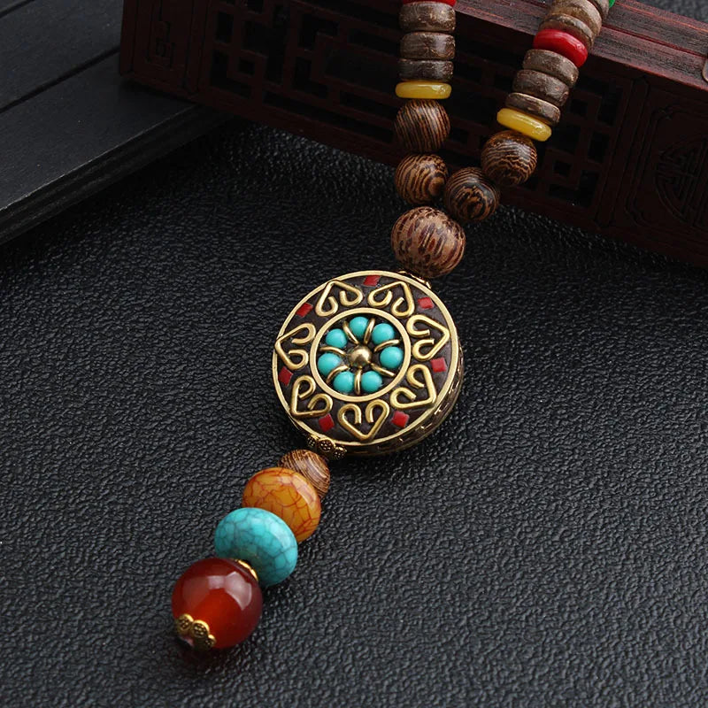 Ethnic Spiritual Long Necklace – Wooden Bead Sweater Chain with Sacred Pendant