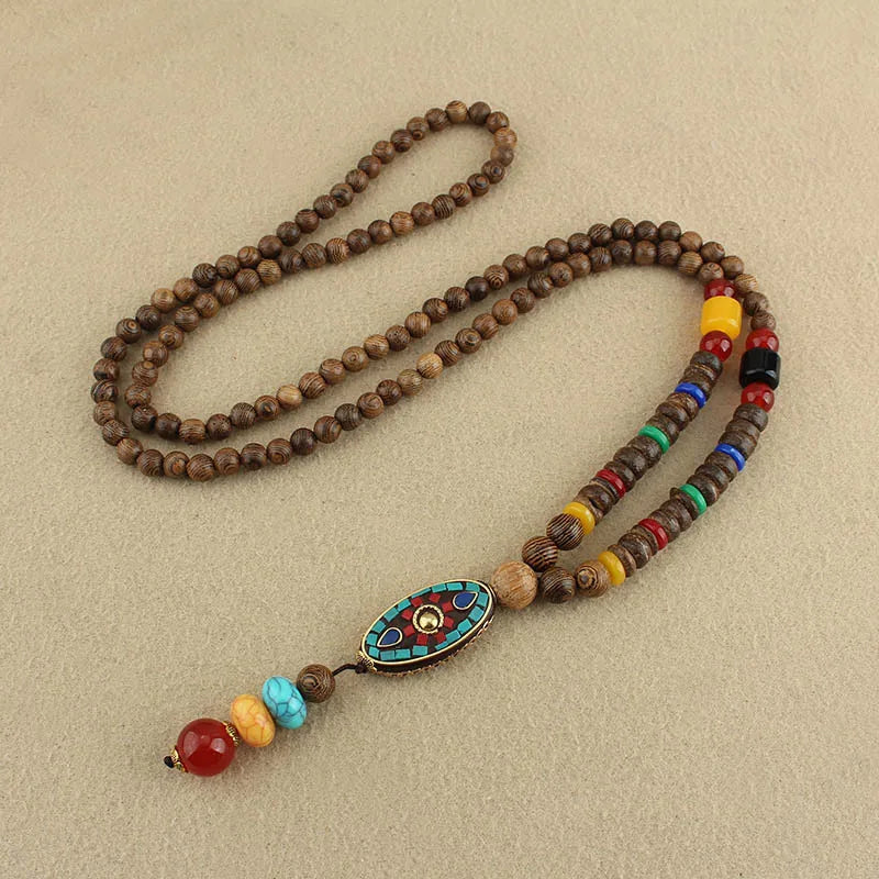 Ethnic Spiritual Long Necklace – Wooden Bead Sweater Chain with Sacred Pendant